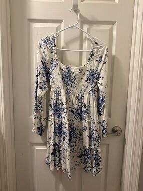 Altar'd State White Floral Smocked Tiered Mini Dress with Blue Print